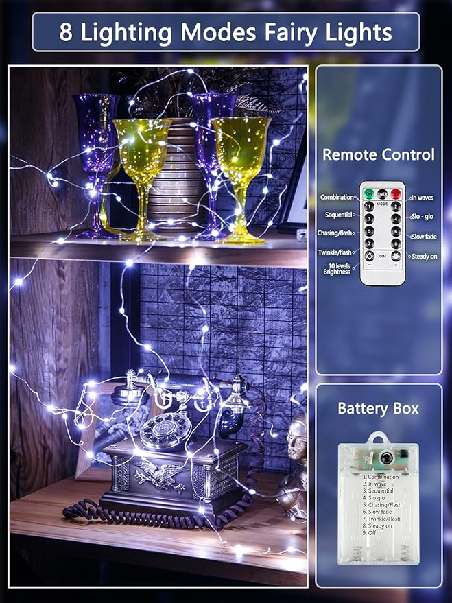 6 Pack Fairy Lights Battery Operated with Remote Control Timer, 26 FT 80 LED String Lights Outdoor Indoor, 8 Modes Twinkle Lights for Christmas Party Wedding Birthday Bedroom Décor (Cool White)