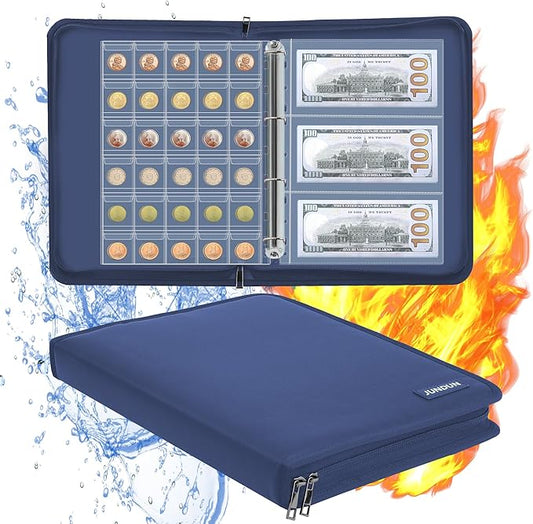 Coin Collection Book Holder for Collectors, 300 Pockets Fireproof Coins Collecting Album & 36 Sleeves Money Storage Case for Coin Currency Collection Supplies, Bill, Pennies, Quarters, Stamp,Blue