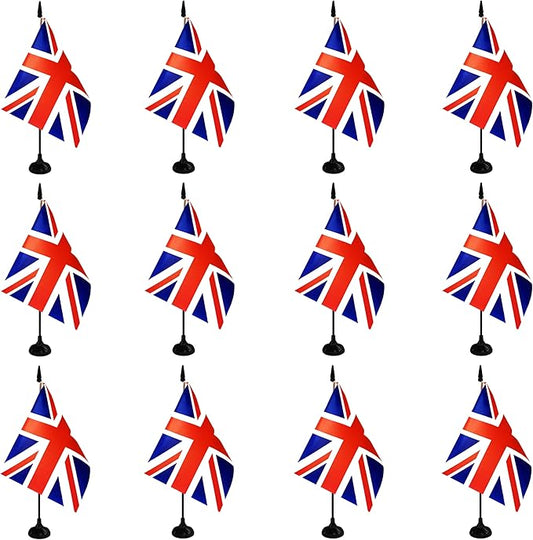 UK Britain Desk Flag, 12 Pack British Table Office Flag with Black Solid Pole and Stand Base, International Country Flag, Festival Celebration, Classroom Meeting Desktop Decor (UK)