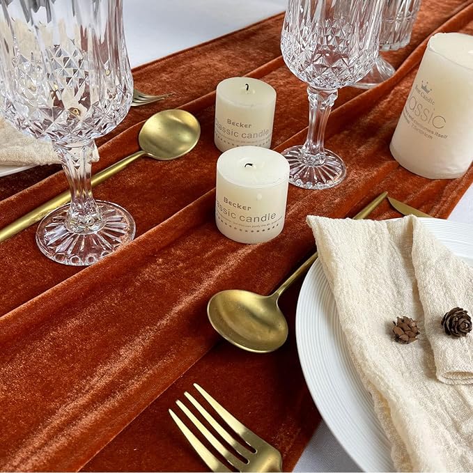 Luxurious Velvet Table Runner, 10ft Wedding Reception Decorations, 20x120inch Soft Velvet Fabric, Table Linen Overlay, Wedding Table Runners (Terracotta, 20X120inch, 5pack)