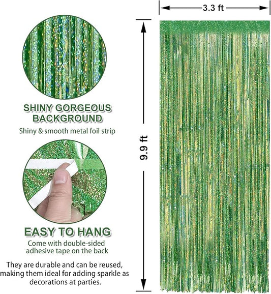 Crosize 2 Pack 3.3 x 9.9 ft Laser Green Foil Fringe Curtains Party Decorations, Laser Green Tinsel Curtain Backdrop for Parties, Door Streamers, Glitter Streamer Backdrop for Birthday Decoration