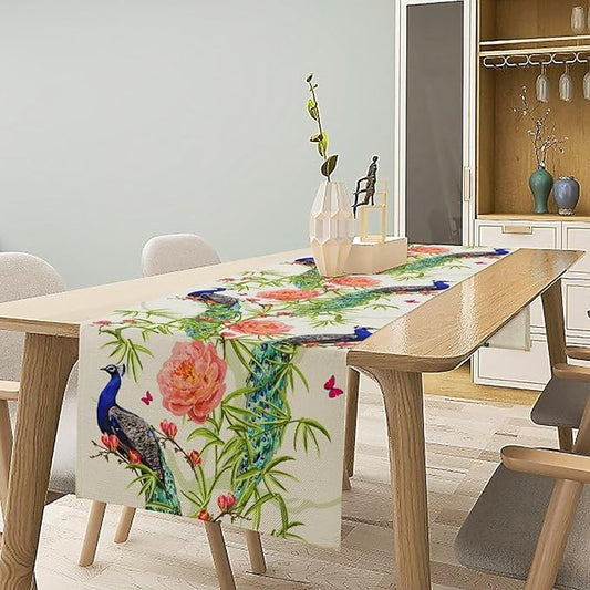 Peacock Table Runner,Seasonal Flower Plants Peacock Birds Table Runner for Home Kitchen Dining Party Indoor Outdoor Decoration 13x70 Inch