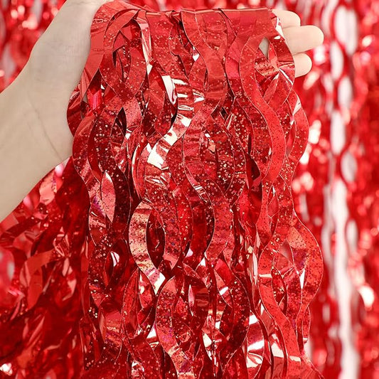 3 Pack Red Backdrop Curtain - CYLMFC 3.3 ft x 6.6 ft Foil Backdrop Curtain Streamers Birthday Decorations for Birthday Party Christmas Graduation Decor