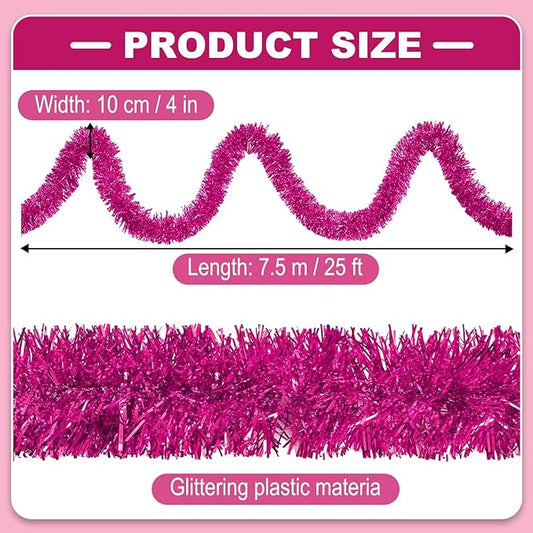 25 Feet Metallic Twist Tinsel Garland Backdrop for Parade Floats, Christmas Eve, New Year, Valentine's Day Party Decorations (Fuchsia, 4in x 25ft)