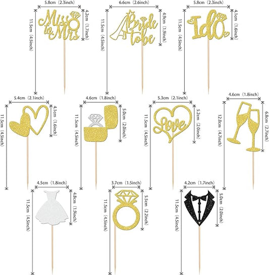 30 PCS Bride to Be Cupcake Toppers Glitter Wedding Cupcake Toppers I Do Love Heart Ring Miss to Mrs Cupcake Picks for Bridal Shower Wedding Engagement Party Cake Decorations Supplies Gold