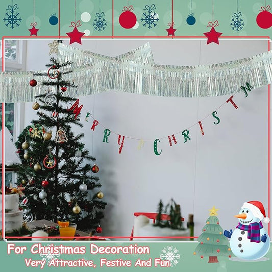 4 Pack Each 10 Feet Glitter Silver Parade Float Decorations for Trailer Car, Glitter Foil Fringe Metallic Tinsel Streamers Banner Garland for Graduation Weeding Homecoming Birthday(Glitter-Silver)