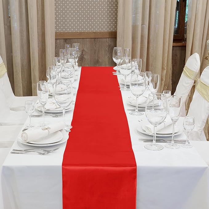 Aneco 12 Pack Satin Table Runner 12 x 108 Inch Red Long Wedding Satin Silk Table Runner for Wedding Banquet Graduations Birthday Party Decoration