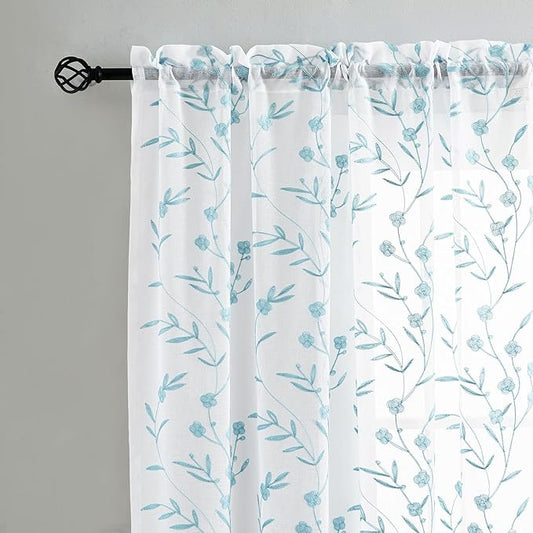 Sheer Curtains White-Blue 45 Inches Long Floral Embroidery Rod Pocket Voile Drapes for Living room, Bedroom, Window Treatments Semi Lace Outdoor Curtain Panels for Yard, Kitchen, Set of 2, 52"x 45".