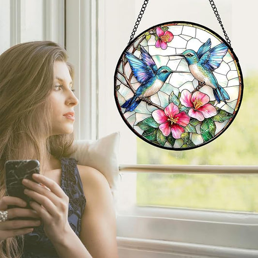 Stained Glass Window Hanging - Blue White Hummingbirds Pink Flowers Suncatcher for Door Terrace Garden Home Decor Bird Sun Catcher Birthday Gifts for Lovers Women Men Dad Mom Nana 15 in