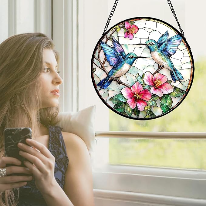 Stained Glass Window Hanging - Blue White Hummingbirds Pink Flowers Suncatcher for Door Terrace Garden Home Decor Bird Sun Catcher Birthday Gifts for Lovers Women Men Dad Mom Nana 11.8 in