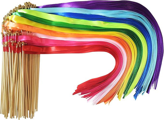 Kingsnow 100 Pieces Multi-Color Ribbon Wands Streamers Sticks with Gold Bell, Chromatic Silk Wish Wands Fairy Stick Party Rhythm Ribbon Streamers for Wedding Send Off Bridal Shower Party Photo Props