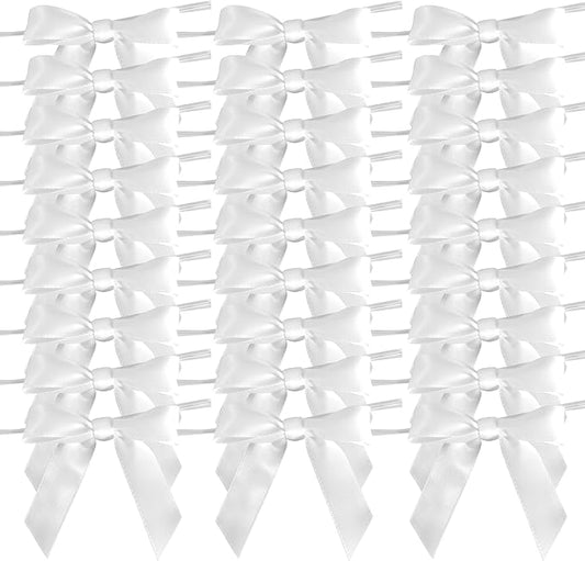 50pcs 2-1/2" White Satin Ribbon Bows with Twist Ties for Wedding Box Gift Wrapping Packing Christmas Decoration (White)