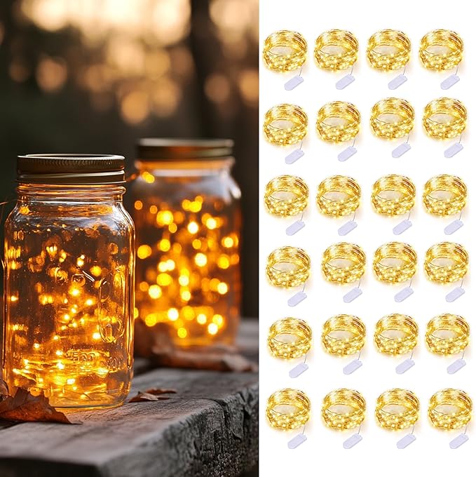 24 Pack Fairy Lights Battery Operated String Lights-3.3ft 20 LED Silver Wire Warm White for Wedding,Party,Table Centerpieces,DIY Crafts,Mason Jars Decor