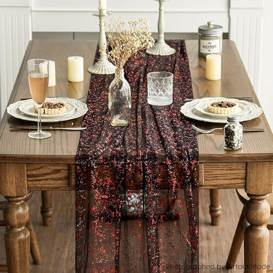 Artoid Mode 3PCS Black Red Gold Gauze Table Runner 120 Inch 10FT, Glitter Metallic Foil Sheer Dining Wedding Anniversary Holiday Table Decor for Home Party