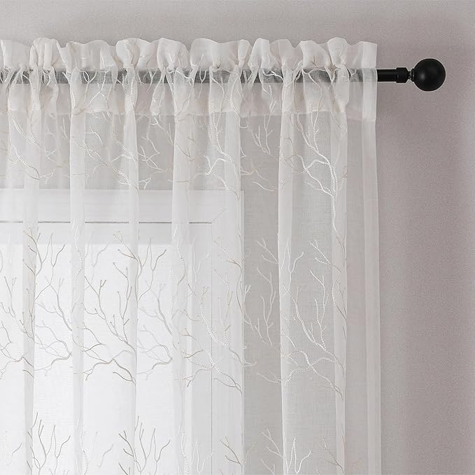 VISIONTEX Sheer Curtains 63 inch Length 2 Panels Set, Decorative Beige Coral Embroidery, Rod Pocket Embroidered Window Drapes for Living Room and Bedroom, 54" x 63"