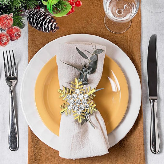 Halatool Christmas Napkin Rings Set of 12, Gold Snowflake with White Rhinestone Napkin Holder for Christmas Thanksgiving Winter Holiday Place Setting, Weddings, Party Table Decoration