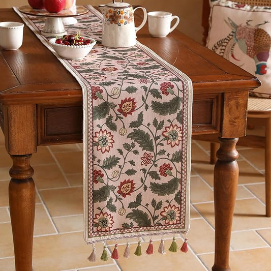 ISAENNE Designer Provence Elegant Linen Table Runner 102 Inches Long,Flower and Leaves Pattern Durable Table Runners for Dining Tables,Thanksgiving,Kitchen Tables,Christmas,12"*102"-Ratina