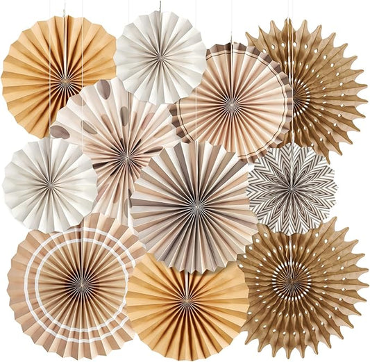 Boho Hanging Paper Fans White Brown Champagne Party Decorations Neutral Rustic Paper Fans Classroom Decoration for Baby Shower Birthday Wedding Bridal Party