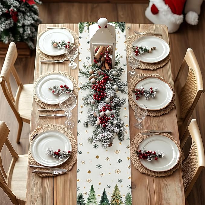 GEEORY Christmas Table Runner 13x108 Inch, Xmas Tees Snowflakes Holiday Decorative Farmhouse Table Decoration for Kitchen Dinning, Indoor Outdoor Dinner Party Decor (Light Green) GT166-108