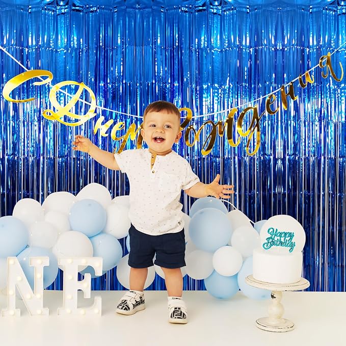 GOER 3.2 ft x 9.8 ft Metallic Tinsel Foil Fringe Curtains Party Photo Backdrop Party Streamers for Birthday,Graduation,New Year Eve Decorations Wedding Decor (Navy Blue,5 pcs)