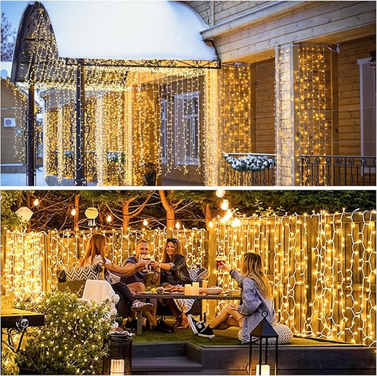 JMEXSUSS 900 LED Outdoor Christmas Curtain Lights, 9.5x29.5ft Christmas Lights Plug in with Remote, Twinkle Hanging String Light for Bedroom Wall Wedding Backdrop Window Gazebo Decor, Warm White
