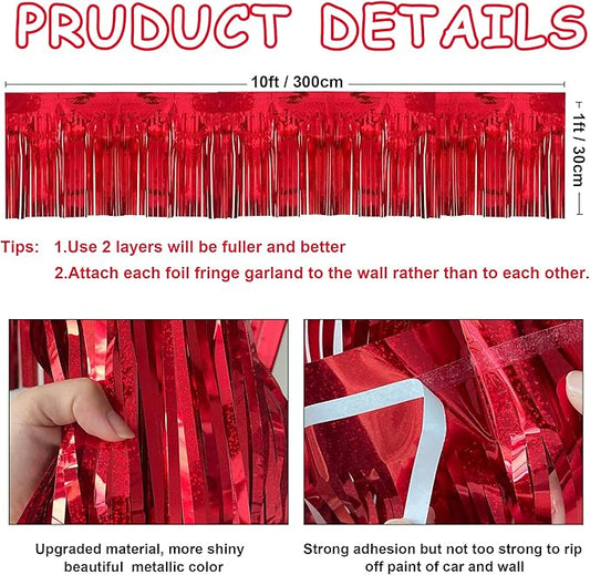 4 Pack 10 Feet Glitter Red Parade Float Decorations for Trailer Car, Glitter Foil Fringe Metallic Tinsel Streamers Banner Garland for Graduation Weeding Homecoming Birthday Party (Glitter- Red)
