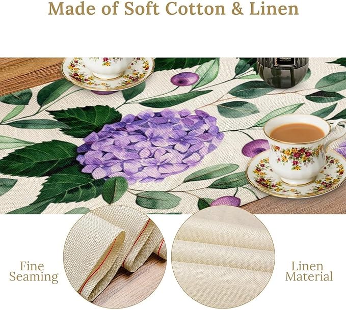 Spring Hydrangea Flower Table Runner, Seasonal Summer Plants Eucalyptus Leaves Purple Florals Dinner Runner for Home Kitchen Dining Table Party Holiday Decoration 13"x36"