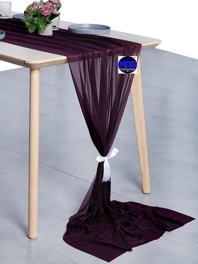 MDS Halloween Chiffon Table Runner - 5 Pack, 29 x 120 Inches, 10ft Each - Sheer Spooky Table Runners for Haunted House Parties, Trick-or-Treat Tables, Witchy Décor, Wedding & Events - Eggplant