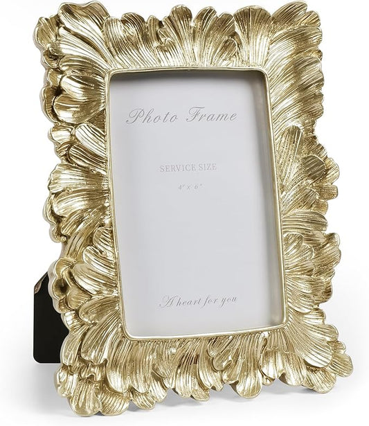 Cuspin Vintage Picture Frame 4x6 Frames, Gold Palm Leaves Textured Hand-Crafted Resin with Glass Front Elegant Retro Vintage Design Photo Frame for Wall and Tabletop Display Home Decor