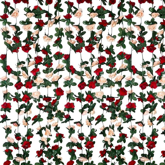 8Pcs 63Ft Burgundy&Champagne Fake Rose Hanging Flowers, Artificial Flower Vine, Hanging Floral Vine Garland for Wedding, Wall Arch, Halloween, Christmas Garden Backdrop Decor