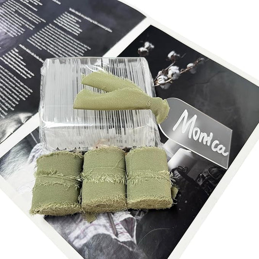 50Pcs Acrylic Place Card for Wedding Frosting Acrylic DIY Table Seating Cards Wedding Supplies with Green Ribbon