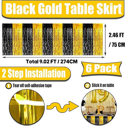 6 Pack 29x108 Inch Black Gold Metallic Foil Fringe Tinsel Table Skirts for Rectangle Tables Streamer Curtains Backdrop for Wedding, Parade Floats, Valentine's Day Birthday Graduation Party Decoration
