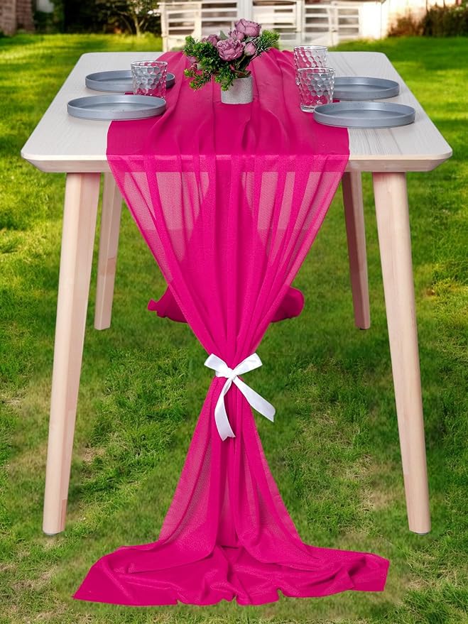 MDS 25 Pack 10ft Chiffon Table Runner 29 x 120 Inches Sheer Wedding Runner Romantic Rustic Table Runner for Wedding Decorations, Birthday Parties, Bridal Shower Party Arch Decor - Hot Pink