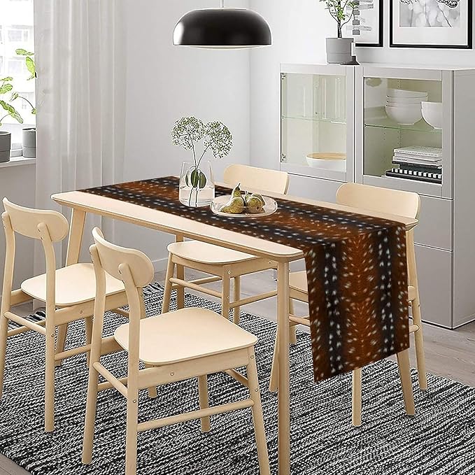 Deer Skin Table Runner Brown Fur Runner Black White Elk Deer Print Fur Western Print Cotton Linen Cottage Dinner Table Runners for Dining Room Kitchen Table Setting, 13x108 Inch
