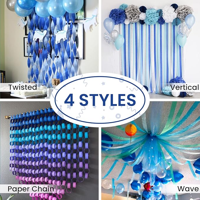 PartyWoo Crepe Paper Streamers 4 Rolls 328ft, Pack of Blue Crepe Paper for Party, Wedding, Birthday, Baby Shower Decorations (1.8 Inch x 82 Ft/Roll)