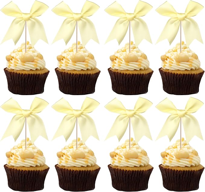 24 PCS Bow Cupcake Toppers Bow Cupcake Picks Bowknot Birthday Party Decorations Bowknot Cake Dessert Picks for Baby Shower Birthday Wedding Bridal Engagement Party Cake Decorations Supplies Yellow