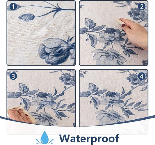 MYSKY HOME Rectangle Tablecloth 60x120 Inches, Linen Farmhouse Tablecloths Waterproof Decorative Fabric Table Cloth for Kitchen Party Floral Tablecloth for 8 Feet Table Blue and Grey Tablecloth