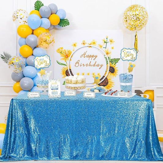 QueenDream Aqua Blue Tablecloth 90 x 132 Inch Sequin Tablecloth for Party Decorations Glitter Tablecloth for Bridal Baby Shower Wedding