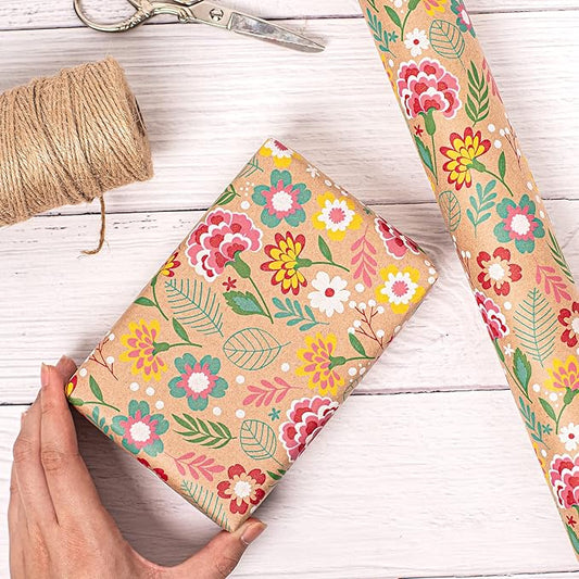 RUSPEPA Kraft Wrapping Paper Roll - Mini Roll - Carnation Design Great for Mother's day, Birthday, Party, Anniversary - 17 Inches X 32.8 Feet