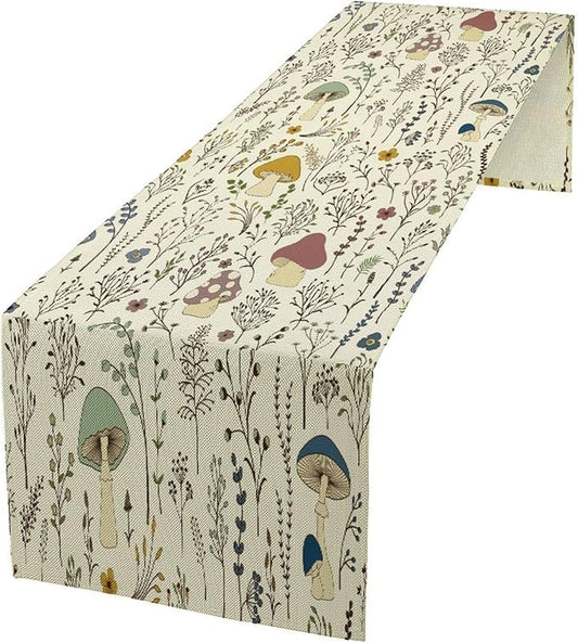 Mushroom Table Runner,Colorful Wild Plants and Fungus Botanical Plants Pattern Print Burlap for Hotel Indoors Outdoor Dining Room Kitchen Holiday Party, 13x60in