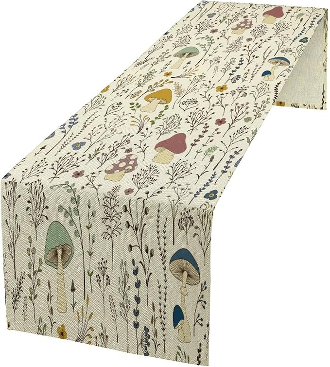 Mushroom Table Runner,Colorful Wild Plants and Fungus Botanical Plants Pattern Print Burlap for Hotel Indoors Outdoor Dining Room Kitchen Holiday Party, 13x108in