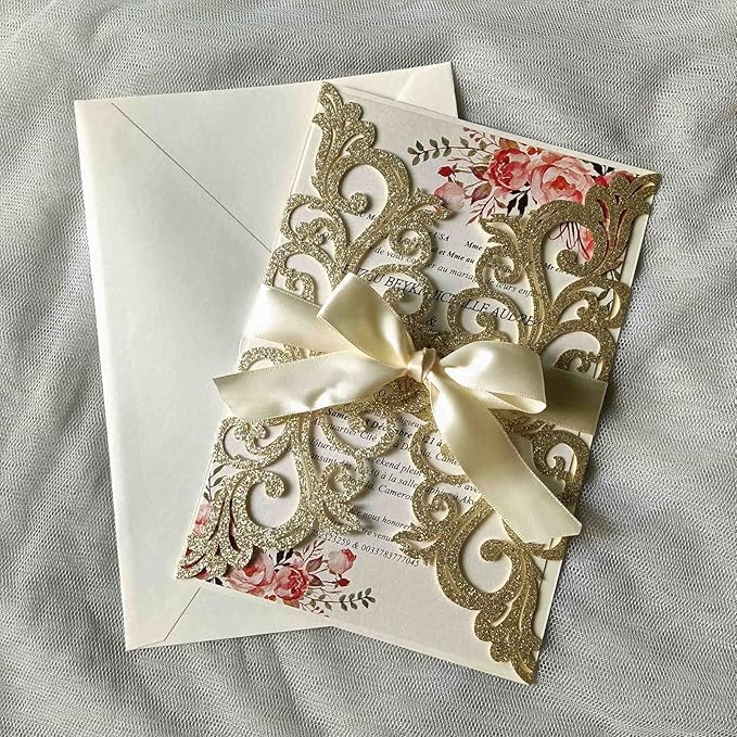 25PCS Champagne Gold Glitter Laser Cut Wedding Invitations Cards with Envelopes,Blank Inner Sheets,Ribbons for Wedding Bridal Shower Quinceañera Engagement Birthday Invites, champagne glitter