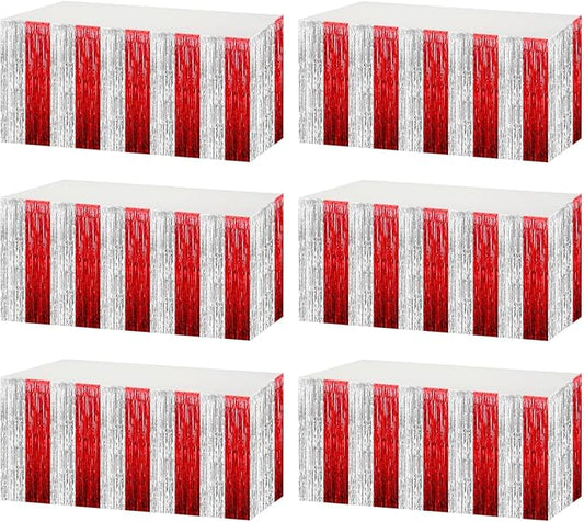 6 Pack 29x108 Inch Red Silver Metallic Foil Fringe Tinsel Table Skirts for Rectangle Tables Streamer for Wedding, Parade Floats, Circus Welcome Carnival Birthday Valentine's Day Party Decoration
