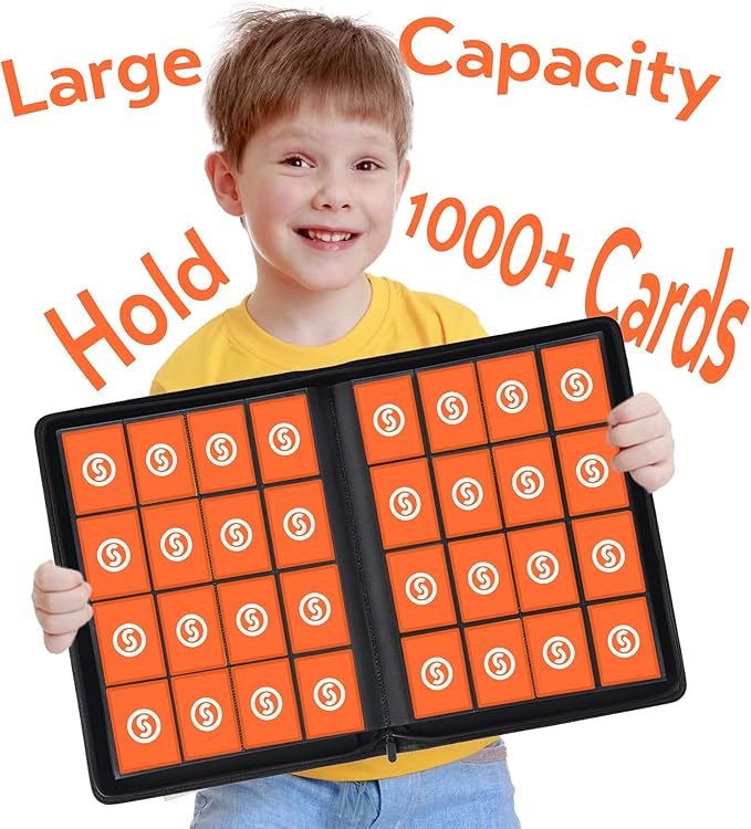 1000+ Pockets Trading Card Binder, Premium 16 Pocket Card Binder, Ringless Side Loading Collection Album Holder Folders for MTG, TCG, Game Cards & Sports Cards (Orange)