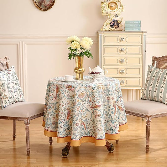 patdrea Designer Yellow French Round Tablecloth,Rustic Linen Floral Birds Table Cloth,Fall Decor Table Cover for Kitchen Dining Holiday Banquet,Christmas,Thanksgiving,Diameter 67"-Magnolia