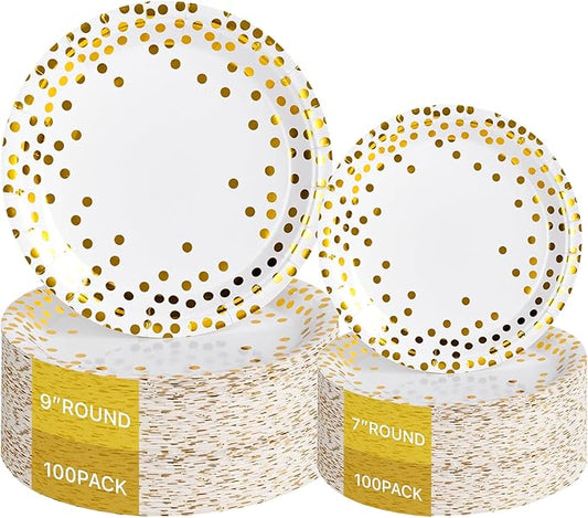 Lullaby 200PCS White Paper Plates, Disposable White and Gold Paper Plates, 100pcs Dinner Plates 9", 100pcs Dessert Plates 7", Party Plates with Golden Dot for Birthday, Gathering