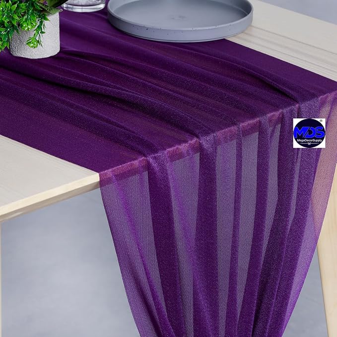 MDS 10 Pack 10ft Chiffon Table Runner 29 x 120 Inches Sheer Wedding Runner Romantic Rustic Table Runner for Wedding Decorations, Birthday Parties, Bridal Shower Party Arch Decor - Cadbury Purple