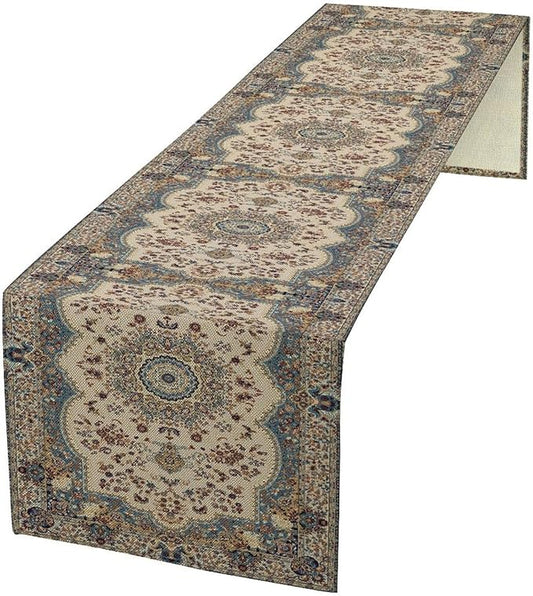 Boho Bohemia Style Table Runner, Vintage Blue Teal Gold Retro Flower Rustic Country Style Floral Print Pattern for Home Kitchen Table Decor Dining Coffee Room Garden Party Decor 13x90in