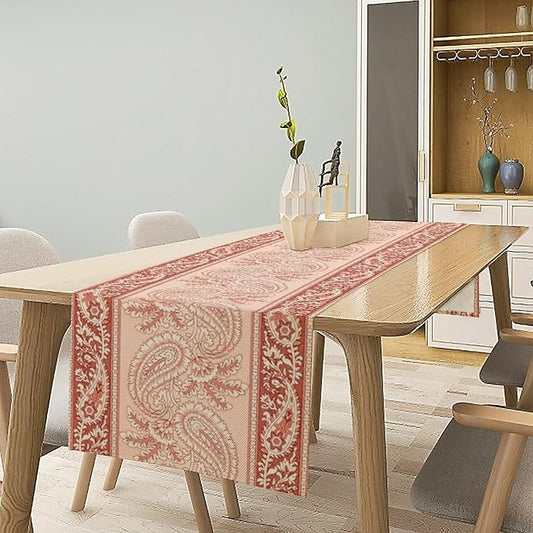 Pink Paisley Table Runner, Abstract Vintage Boho Paisley Flowers Leaves Print Table Runner for Home Kitchen Dining Room Wedding Party Decor, 13x120inch