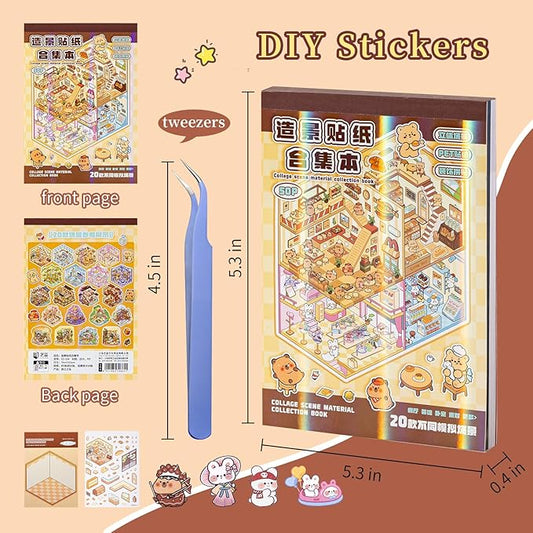 20 Sets 3D House Stickers with Metal Tweezers | DIY Miniature House Scenes Kit for Adults, Cute 3D Cartoon Scene Stickers | Therapy Craft, Relief Stress Pass The Time